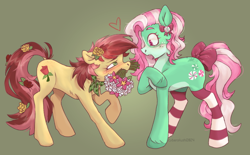 Size: 640x396 | Tagged: safe, artist:cyberplush, imported from derpibooru, minty, roseluck, earth pony, pony, blush lines, blushing, bouquet, bouquet of flowers, bow, bowing, clothes, colored eyebrows, countershading, duo, female, flower, flower in hair, flower in tail, flower on ear, g3, generation leap, hair bow, heart, lesbian, looking at each other, looking at someone, mare, mouth hold, open mouth, pale belly, physique difference, raised hoof, shipping, socks, striped socks, surprised, tail, tail bow