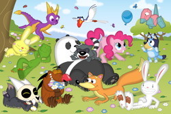 Size: 3520x2347 | Tagged: safe, artist:porygon2z, imported from derpibooru, pinkie pie, bear, beaver, bird, dog, dragon, earth pony, fox, panda, pony, porygon, rabbit, raccoon, turtle, angry beavers, animal, australian cattle dog, balloon, belly button, bluey, bluey heeler, cloud, crossover, cuddles (happy tree friends), daggett doofus beaver, day, disney, dora the explorer, eyes closed, female, flower, flying, franklin, grass, grin, happy tree friends, hornbill, lying down, male, mare, max (sam and max), on back, open mouth, open smile, panda (we bare bears), paw pads, paws, pb&j otter, pokémon, prone, relaxing, sam and max, scootch raccoon, sitting, sky, sleeping, smiling, spring, spyro the dragon, spyro the dragon (series), swiper the fox, the lion king, tree, we bare bears, zazu