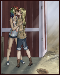 Size: 900x1133 | Tagged: artist needed, safe, imported from derpibooru, applejack, rainbow dash, human, appledash, barn, clothes, female, humanized, kiss on the lips, kissing, lesbian, rain, shipping, signature, wet clothes, wet hair