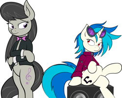 Size: 960x773 | Tagged: safe, artist:joey darkmeat, imported from derpibooru, dj pon-3, octavia melody, vinyl scratch, earth pony, unicorn, bowtie, crossed legs, glasses, horn, legs together, looking at each other, looking at someone, red eyes, simple background, sitting, speaker, standing on two hooves, white background