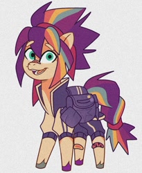 Size: 814x995 | Tagged: safe, artist:disaterror, imported from derpibooru, sunny starscout, earth pony, pony, alternate color palette, alternate design, alternate hairstyle, bag, bald face, bandaid, blaze (coat marking), braid, braided tail, coat markings, colored eartips, colored eyebrows, colored hooves, eyebrows, eyebrows visible through hair, facial markings, female, floating eyebrows, g5, gray background, hooves, mane stripe sunny, mare, multicolored hair, multicolored hooves, my little pony: tell your tale, open mouth, open smile, orange coat, pins, ponytail, purple etail, purple mane, rainbow hair, rainbow tail, redesign, saddle bag, simple background, smiling, socks (coat markings), solo, standing, tail, teal eyes, tied mane, tied tail, tracksuit, unshorn fetlocks, water bottle