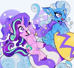 Size: 1310x1205 | Tagged: safe, artist:infinithiez, imported from derpibooru, starlight glimmer, trixie, pony, unicorn, :p, alternate design, beanbrows, blaze (coat marking), blue coat, blue mane, blue tail, blush sticker, blushing, cape, chest fluff, clothes, cloven hooves, coat markings, colored ear fluff, colored eartips, colored eyebrows, colored eyelashes, colored hooves, colored horn, colored muzzle, colored pinnae, curved horn, cute, diatrixes, duo, duo female, ear fluff, ear tufts, eyebrows, eyelashes, eyeshadow, facial markings, female, glimmerbetes, hat, holding hat, hoof hold, horn, lesbian, makeup, mare, narrowed eyes, open mouth, open smile, pink coat, profile, purple eyes, riding, rocket, shipping, simple background, sitting, smiling, socks (coat markings), sparkles, startrix, tail, thick eyelashes, tongue out, toy interpretation, trixie's cape, trixie's hat, trixie's rocket, two toned mane, two toned tail, unshorn fetlocks, wavy mane, wavy tail, white background, wingding eyes