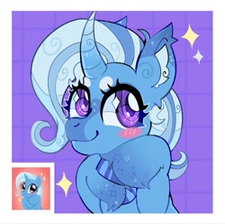 Size: 1310x1302 | Tagged: safe, artist:infinithiez, imported from derpibooru, trixie, pony, unicorn, a horse shoe-in, alternate design, beanbrows, blaze (coat marking), blue coat, blue mane, blush sticker, blushing, border, coat markings, colored ear fluff, colored eartips, colored eyebrows, colored hooves, colored horn, curved horn, cute, diatrixes, ear fluff, ear tufts, eyebrows, eyelashes, facial markings, female, horn, looking back, mare, patterned background, pose, posing for photo, purple eyes, redraw, screenshot redraw, shiny hooves, smiling, socks (coat markings), solo, sparkles, sparkly eyes, thick eyelashes, unshorn fetlocks, wavy mane, wingding eyes