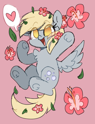 Size: 2372x3094 | Tagged: safe, artist:sakukitty, imported from derpibooru, derpy hooves, pegasus, pony, :d, chest fluff, cute, derpabetes, eye clipping through hair, eyebrows, eyebrows visible through hair, female, flower, flower in hair, flying, heart, high res, leaves, mare, no pupils, open mouth, open smile, pink background, simple background, sketch, smiling, solo, spread wings, wings