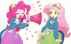 Size: 2400x1500 | Tagged: safe, artist:fuyugi, imported from derpibooru, fluttershy, pinkie pie, human, eqg summertime shorts, equestria girls, steps of pep, clothes, cute, diapinkes, duo, duo female, emanata, eyes closed, female, frightened, megaphone, open mouth, scene interpretation, shyabetes, simple background, skirt, sweater, white background, wondercolts uniform, yelling