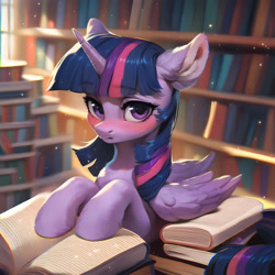 Size: 4096x4096 | Tagged: safe, imported from derpibooru, twilight sparkle, alicorn, pony, ai content, ai generated, blushing, book, bookhorse, ear fluff, generator:pony diffusion v6 xl, generator:purplesmart.ai, generator:stable diffusion, library, prompter:sipuxa, solo, twilight sparkle (alicorn)