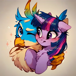 Size: 4096x4096 | Tagged: safe, imported from derpibooru, gallus, twilight sparkle, griffon, pony, abstract background, ai content, ai generated, blushing, chest fluff, duo, generator:pony diffusion v6 xl, generator:purplesmart.ai, generator:stable diffusion, one eye closed, prompter:sipuxa, simple background
