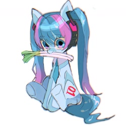Size: 1331x1331 | Tagged: safe, artist:m09160, imported from derpibooru, earth pony, pony, robot, anime, clothes, eye clipping through hair, eyebrows, eyebrows visible through hair, female, hatsune miku, leek, looking at you, mare, mouth hold, necktie, ponified, sitting, solo, vocaloid