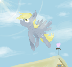 Size: 3388x3184 | Tagged: safe, artist:tkshoelace, imported from derpibooru, derpy hooves, pegasus, pony, cloud, flying, house, lens flare, solo