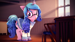 Size: 3840x2160 | Tagged: safe, artist:psfmer, imported from derpibooru, izzy moonbow, pony, unicorn, 3d, :p, chair, chalkboard, clothes, crepuscular rays, cute, desk, female, g5, glasses, high res, horn, izzybetes, looking at you, mare, meganekko, sailor uniform, school, school uniform, skirt, solo, source filmmaker, tongue out, uniform, unshorn fetlocks, window