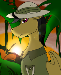 Size: 2323x2831 | Tagged: safe, artist:jade dawn, imported from derpibooru, daring do, pegasus, pony, adventurer, explorer, forest, gimp, hat, jungle, nature, pith helmet, solo, sunset, tree