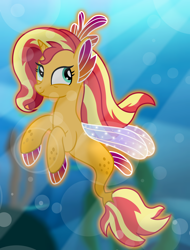 Size: 5730x7536 | Tagged: safe, artist:emeraldblast63, imported from derpibooru, sunset shimmer, seapony (g4), spoiler:g5, spoiler:my little pony: tell your tale, spoiler:tyts02e00, ear fins, female, fin wings, fins, g5, horn, leg fins, looking back, mare, my little pony: tell your tale, seaponified, seapony sunset, smiling, solo, species swap, tail, tail fin, the blockywockys, wings