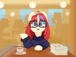 Size: 989x735 | Tagged: safe, artist:kumakum, imported from derpibooru, moondancer, pony, unicorn, clothes, cup, cute, dancerbetes, date, digital art, female, food, glasses, horn, looking at you, mare, solo, sweater, tea, turtleneck