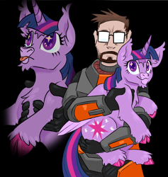 Size: 1584x1672 | Tagged: safe, artist:omenakettu, imported from derpibooru, twilight sparkle, alicorn, human, pony, unicorn, :p, alternate design, cloven hooves, colored hooves, crossover, cute, duo, female, gordon freeman, half-life, half-life 2, holding a pony, horn, male, mare, tongue out, twiabetes, twilight sparkle (alicorn)