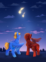 Size: 1396x1873 | Tagged: safe, artist:twinkesss, imported from derpibooru, oc, oc only, oc:rio tunehoof, oc:zom rosefall, pegasus, pony, background, butt, duo, night, plot, shooting star, stars