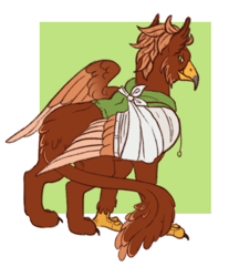 Size: 1336x1543 | Tagged: safe, artist:cactiflowers, imported from derpibooru, oc, oc:pavlos, griffon, bandage, beak, broken bone, broken wing, cast, cheek fluff, claws, clothes, colored wings, commission, eared griffon, green background, griffon oc, injured, male, non-pony oc, simple background, sling, smiling, solo, tail, wings