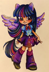 Size: 2244x3276 | Tagged: safe, artist:dariarchangel, imported from derpibooru, twilight sparkle, human, equestria girls, bow, clothes, female, humanized, leg warmers, simple background, skirt, smiling, solo, traditional art, winged humanization, wings