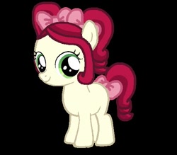 Size: 500x437 | Tagged: safe, artist:katiegirlsforever, imported from derpibooru, oc, oc only, oc:chi-chi, earth pony, pony, black background, bow, cute, female, filly, foal, green eyes, hair bow, niece, not cherry jubilee, ocbetes, red hair, red mane, red tail, simple background, smiling, solo, tail, tail bow, tan coat