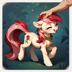 Size: 1024x1024 | Tagged: safe, imported from derpibooru, roseluck, human, pony, ai content, ai generated, behaving like a cat, collar, cute, eyes closed, fluffy, generator:pony diffusion v6 xl, generator:stable diffusion, hand, offscreen character, offscreen human, pet tag, petting, pony pet, prompter:doom9454, rosepet, standing