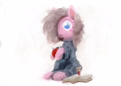 Size: 4093x2894 | Tagged: safe, artist:xallaanacyoxcyor, imported from derpibooru, pinkie pie, earth pony, pony, alternate hairstyle, apple, book, clothes, female, food, hair over one eye, looking at you, mare, simple background, sitting, solo, white background