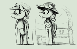 Size: 345x221 | Tagged: safe, artist:xallaanacyoxcyor, imported from derpibooru, oc, oc only, earth pony, pony, cart, duo, female, hat, mare, monochrome, neckerchief, sketch