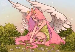 Size: 2048x1431 | Tagged: safe, artist:mika01shiyaaa, imported from derpibooru, fluttershy, human, clothes, crouching, dress, eared humanization, eyes closed, female, humanized, solo, spread wings, winged humanization, wings