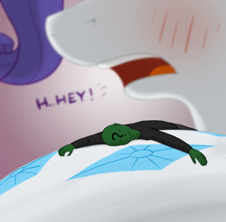 Size: 1260x1240 | Tagged: safe, artist:qkersnll, imported from derpibooru, rarity, oc, oc:anon, human, pony, unicorn, blushing, butt, duo, embarrassed, female, giantess, horn, human male, macro, male, mare, micro, plot, rearity