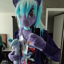 Size: 2048x2048 | Tagged: safe, artist:essorille, artist:nevermournmusic, imported from derpibooru, cloudchaser, pony, badge, bust, collar, convention, fursuit, holding a plushie, holding a pony, irl, photo, plushie, ponysuit, portrait, self plushidox, selfie, solo, whinny city pony con