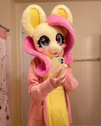 Size: 1638x2048 | Tagged: safe, artist:limeythecheetah, imported from derpibooru, fluttershy, human, blushing, cellphone, fursuit, indoors, irl, irl human, phone, photo, ponysuit, selfie, solo