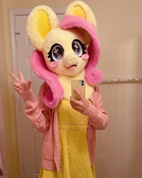 Size: 1440x1800 | Tagged: safe, artist:limeythecheetah, imported from derpibooru, fluttershy, human, blushing, cellphone, fursuit, indoors, irl, irl human, phone, photo, ponysuit, selfie, solo