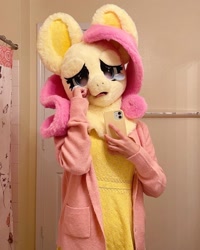Size: 1440x1800 | Tagged: safe, artist:limeythecheetah, imported from derpibooru, fluttershy, cellphone, fursuit, indoors, irl, phone, photo, ponysuit, sad, selfie, solo