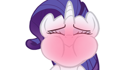 Size: 1620x902 | Tagged: safe, edit, edited screencap, imported from derpibooru, part of a set, screencap, rarity, pony, unicorn, sweet and elite, blushing, closed mouth, eyes closed, eyeshadow, female, holding breath, horn, makeup, mare, puffy cheeks, red face, simple background, solo, white background