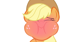 Size: 1620x902 | Tagged: artist needed, safe, edit, edited screencap, imported from derpibooru, part of a set, screencap, applejack, earth pony, pony, sweet and elite, blushing, closed mouth, editor needed, eyes closed, female, freckles, hat, holding breath, mare, puffy cheeks, red face, simple background, solo, white background