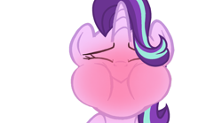 Size: 1620x902 | Tagged: safe, edit, edited screencap, imported from derpibooru, part of a set, screencap, starlight glimmer, pony, unicorn, sweet and elite, blushing, closed mouth, eyes closed, female, holding breath, horn, mare, puffy cheeks, red face, simple background, solo, white background