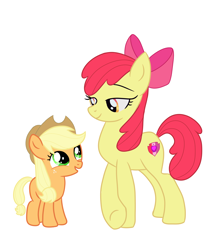 Size: 3148x3705 | Tagged: safe, artist:xinjinjumin293104353261, imported from derpibooru, apple bloom, applejack, earth pony, pony, age swap, apple sisters, duo, female, filly, filly applejack, looking at each other, looking at someone, older, older apple bloom, role reversal, siblings, simple background, sisters, smiling, smiling at each other, white background, younger