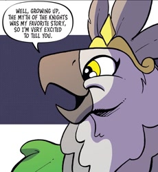 Size: 750x816 | Tagged: safe, artist:andypriceart, idw, imported from derpibooru, princess ocypete, anthro, bird, spoiler:comic, spoiler:comic99, bust, dialogue, female, ornithian, portrait, season 10, simple background, solo, speech bubble