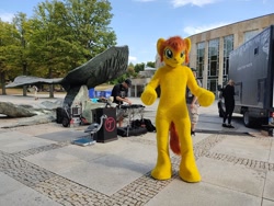 Size: 1280x960 | Tagged: safe, artist:atalonthedeer, artist:silou_atien, imported from derpibooru, oc, oc:canni soda, human, 2022, convention, food truck, fountain, fursuit, galacon, irl, irl human, outdoors, photo, ponysuit