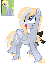 Size: 2194x2544 | Tagged: safe, artist:plinky, imported from derpibooru, derpy hooves, pegasus, pony, alternate hairstyle, bow, colored wings, ear piercing, earring, hair bow, jewelry, open mouth, open smile, piercing, redesign, screencap reference, simple background, smiling, solo, two toned wings, unshorn fetlocks, white background, wings