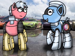 Size: 1429x1078 | Tagged: safe, artist:foxfer64_yt, imported from derpibooru, oc, oc only, oc:silverstream (robot pony), oc:trackhead, pony, robot, robot pony, duo, raised hoof, rule 63, smiling