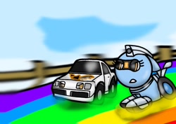 Size: 1270x900 | Tagged: safe, artist:foxfer64_yt, imported from derpibooru, oc, oc only, oc:silverstream (robot pony), angry, car, duo, looking at each other, looking at someone, meister, race, race track, rainbow, sky