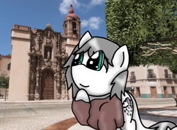 Size: 1479x1080 | Tagged: safe, artist:foxfer64_yt, imported from derpibooru, oc, oc only, earth pony, pony, cathedral, city, day, guanajuato, looking up, pointing at self, solo