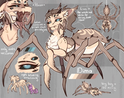 Size: 1262x1000 | Tagged: safe, artist:dorkmark, imported from derpibooru, oc, oc only, oc:dima, hybrid, monster pony, original species, pony, spider, spiderpony, drool, forked tongue, multiple eyes, reference sheet, solo, spider web, tongue out