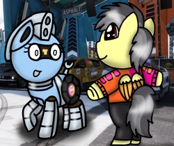 Size: 1278x1075 | Tagged: safe, artist:foxfer64_yt, imported from derpibooru, oc, oc only, oc:silverstream (robot pony), oc:thunder (fl), pegasus, pony, amazed, bipedal, clothes, duo, jumper, looking at each other, looking at someone, smiling