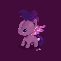 Size: 2048x2048 | Tagged: safe, artist:ubiquitousdeer, imported from derpibooru, twilight sparkle, pegasus, pony, alternate hairstyle, beanie babies, big forehead, colored wings, countershading, eyelashes, female, high res, mare, multicolored mane, multicolored tail, multicolored wings, pegasus twilight sparkle, plushie tag, purple background, purple eyes, race swap, shadow, shiny wings, signature, simple background, solo, sparkly wings, spread wings, tail, toy interpretation, wingding eyes, wings
