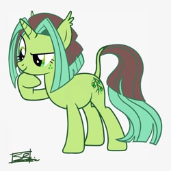 Size: 950x950 | Tagged: safe, artist:ubiquitousdeer, imported from derpibooru, oc, oc only, oc:emerald evergreen, pony, unicorn, ear tufts, eyebrows, eyelashes, female, freckles, green coat, green eyes, hoof under chin, horn, leonine tail, long tail, mare, raised eyebrow, raised hoof, show accurate, signature, simple background, smiling, solo, straight mane, straight tail, tail, two toned mane, two toned tail, unicorn horn, unicorn oc, white background, wingding eyes