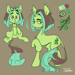 Size: 2048x2048 | Tagged: safe, artist:ubiquitousdeer, imported from derpibooru, oc, oc only, oc:emerald evergreen, pony, unicorn, chest fluff, color palette, duality, ear tufts, eyelashes, female, freckles, gray background, green coat, green eyes, high res, horn, leg fluff, leonine tail, lidded eyes, long legs, long tail, looking back, mare, raised hoof, raised hooves, reference sheet, signature, simple background, sitting, smiling, solo, standing, straight mane, straight tail, tail, thick eyebrows, unicorn horn, unicorn oc, wingding eyes