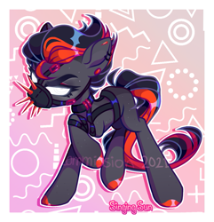 Size: 1133x1176 | Tagged: safe, artist:singingsun, imported from derpibooru, oc, oc only, earth pony, pony, abstract background, ear piercing, earring, female, full body, gradient background, jewelry, mare, passepartout, piercing, solo, two toned mane