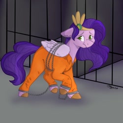 Size: 750x750 | Tagged: safe, artist:pidgeon_fluff, imported from derpibooru, pipp petals, bound wings, chained, chains, clothes, commissioner:rainbowdash69, cuffed, cuffs, g5, never doubt rainbowdash69's involvement, prison outfit, prisoner pipp, shackles, solo, wings