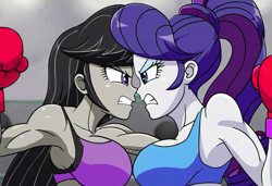 Size: 1216x832 | Tagged: safe, imported from derpibooru, octavia melody, rarity, human, equestria girls, ai content, ai generated, angry, boxing, boxing gloves, breasts, breasts touching, busty octavia melody, busty rarity, clothes, duo, duo female, female, fight, generator:pony diffusion v6 xl, generator:stable diffusion, glare, gritted teeth, looking at each other, looking at someone, muscles, muscular female, octveinia, ponytail, prompter:jmlbybsk, ripped rarity, rivalry, sports, sports bra, story included, symmetrical docking, teeth