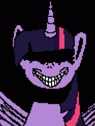 Size: 1536x2048 | Tagged: safe, alternate version, artist:enterusxrname, imported from derpibooru, twilight sparkle, alicorn, pony, black background, creepy, creepy smile, dark, edgy, evil, evil grin, grin, insanity, now you fucked up, pixel art, simple background, smiling, solo, twilight snapple, twilight sparkle (alicorn), xk-class end-of-the-world scenario